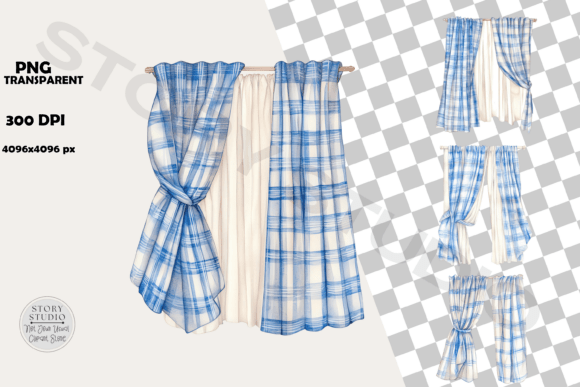 Farmhouse Blue Plaid Curtain Clipart for Creative Digital Projects